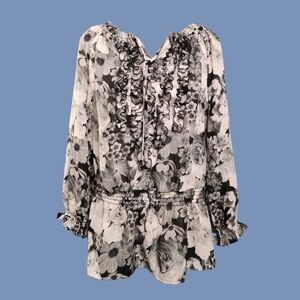 Hayley Matthews Black White Floral Ruffle Blouse XL